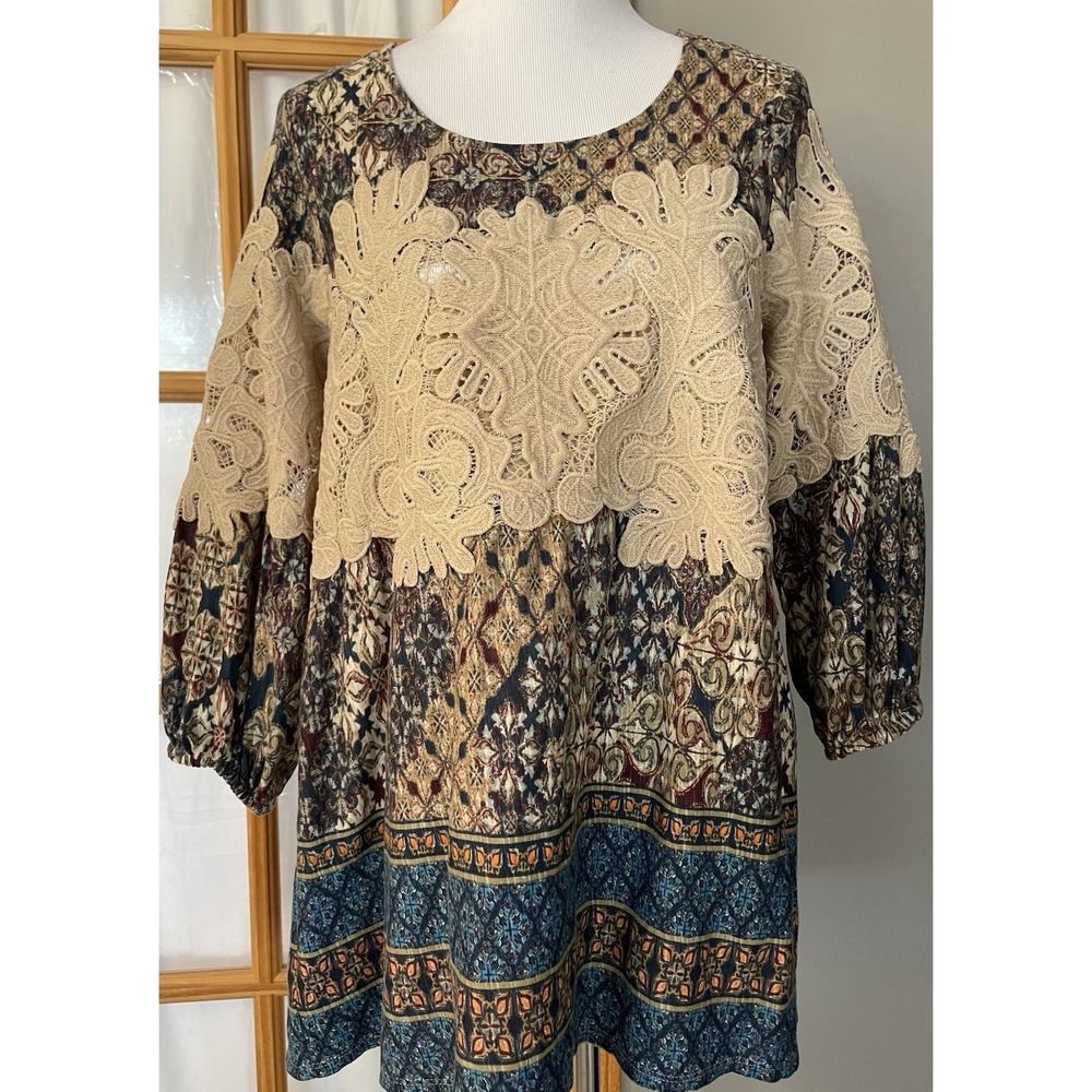 Vintage America Floral Embroidery Blouse Sz L Beige Blue Balloon Sleeve Peasant
